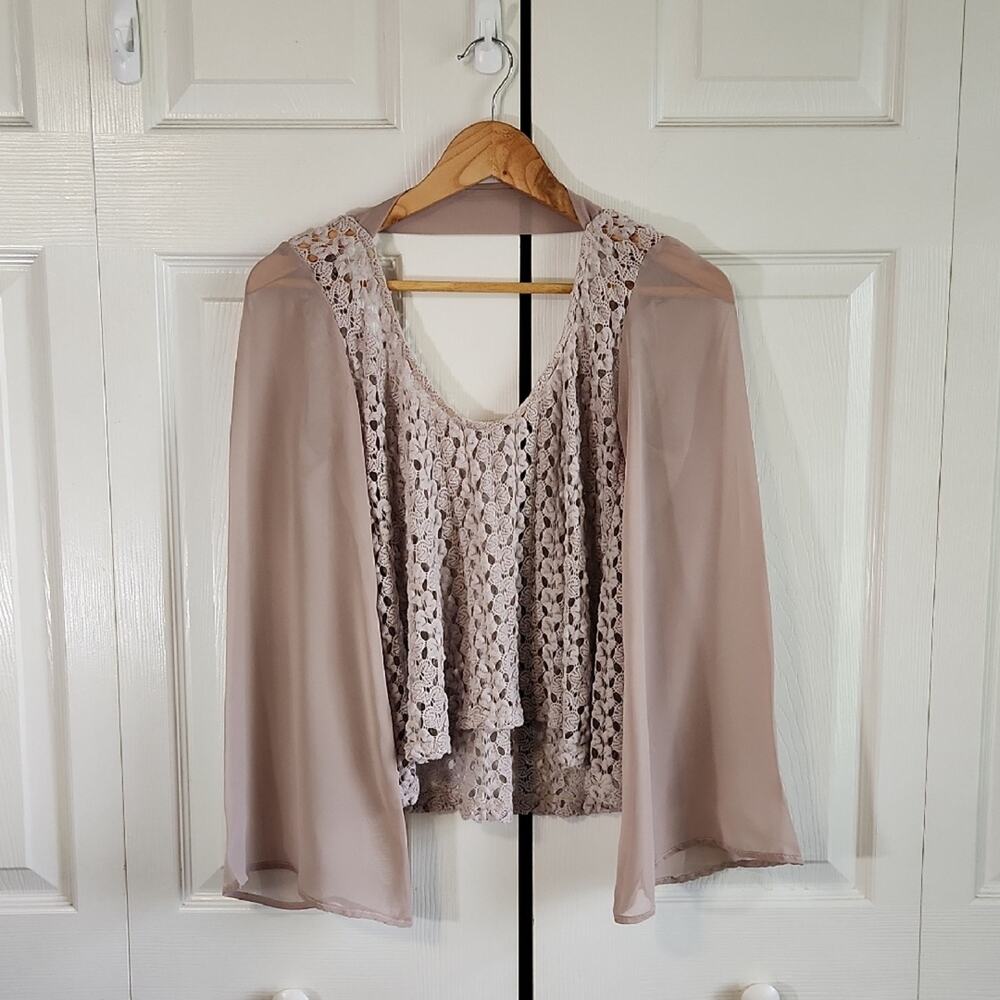 Beige/Tan Crochet Top Size SM Cropped Sheer Bell Sleeves Neutral Boho Fairycore